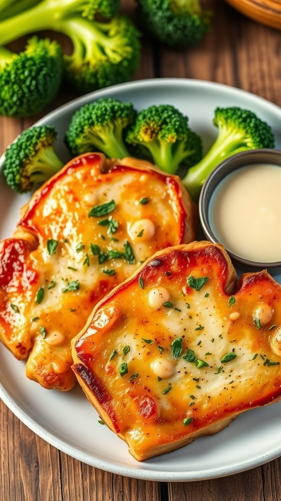 Keto Air Fryer Pork Chops Recipe Crispy air fryer pork chops garnished with herbs, served with broccoli and garlic sauce on a rustic table.